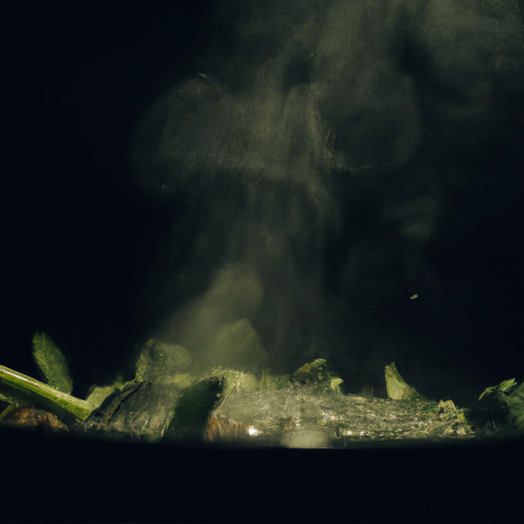 Steam rising from a cast iron skillet with fresh herbs